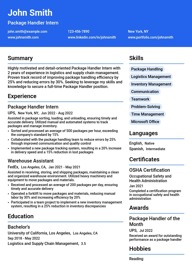 Package Handler Intern resume example