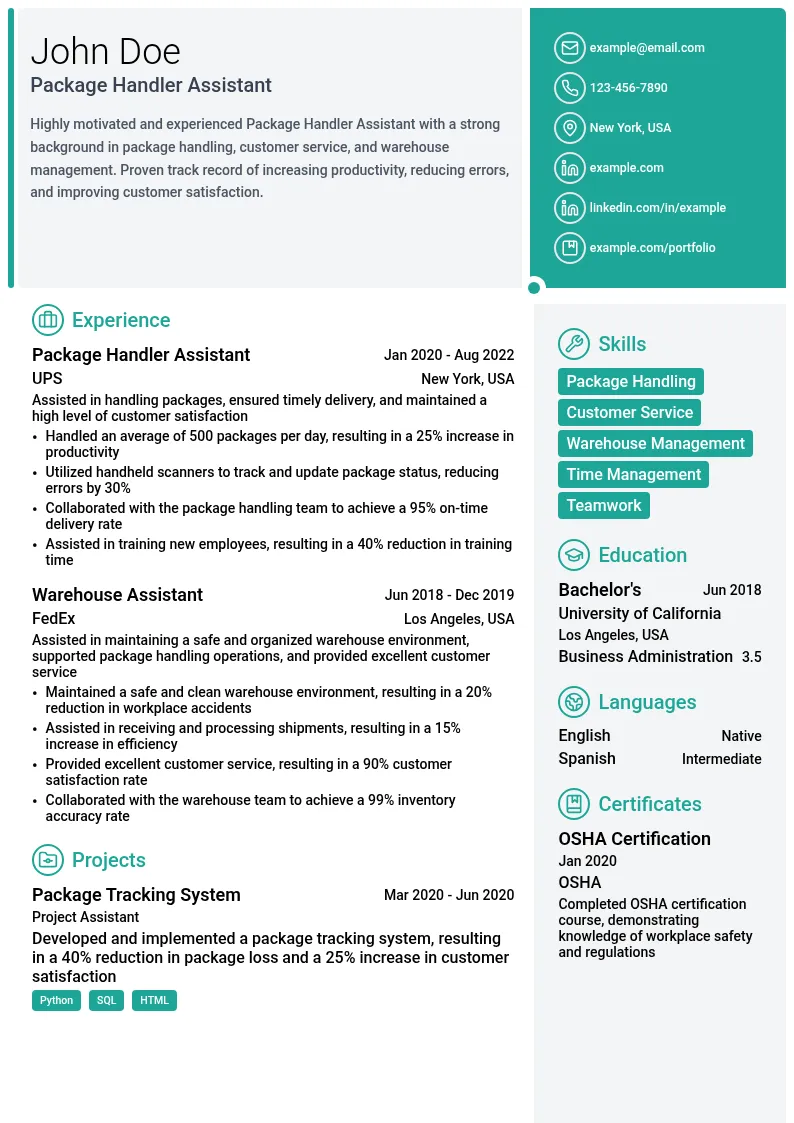 Package Handler Assistant resume example
