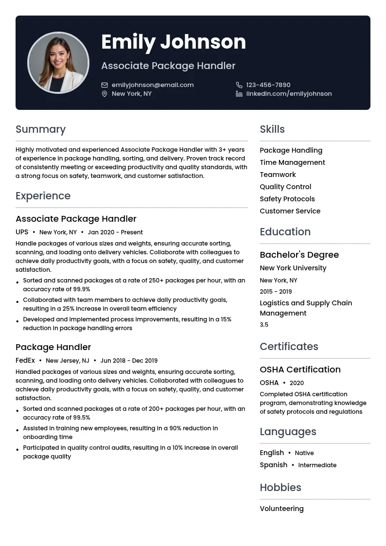 Associate Package Handler resume example