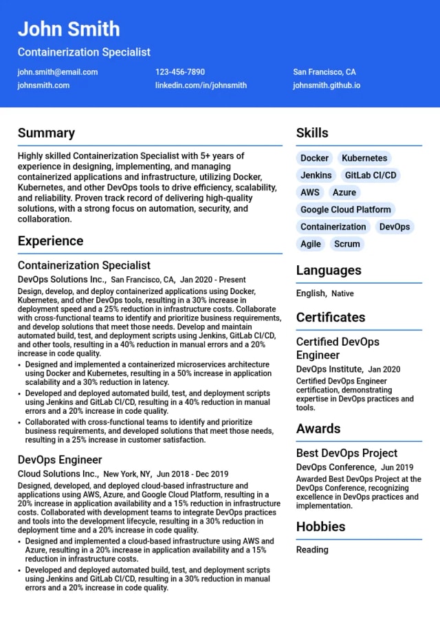 Containerization Specialist resume example