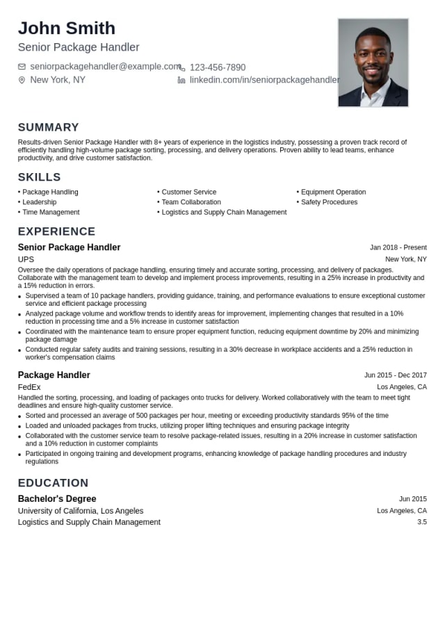 Senior Package Handler resume example