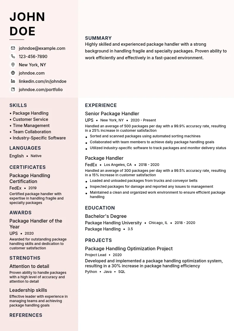 Package Handler Specialty Care resume example