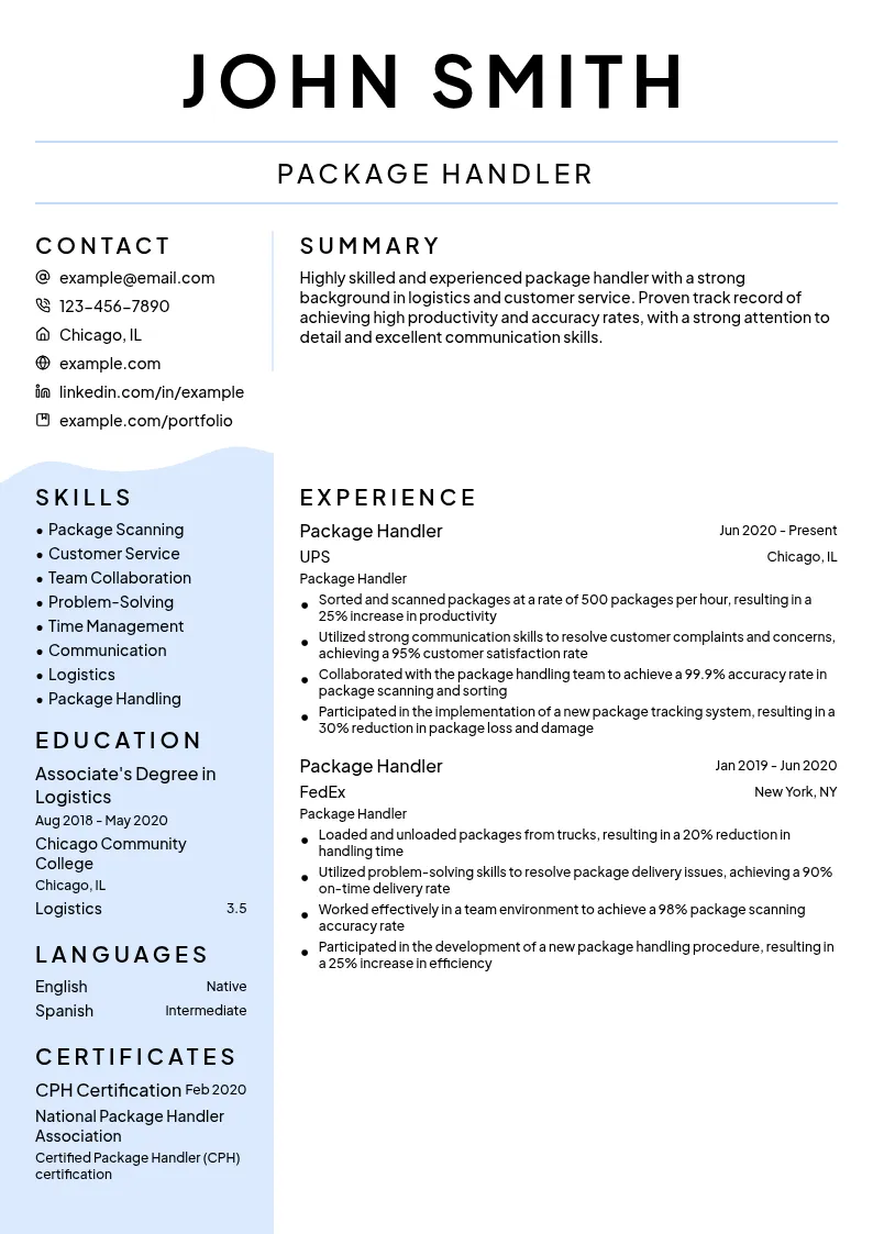Package Handler Premium Services resume example