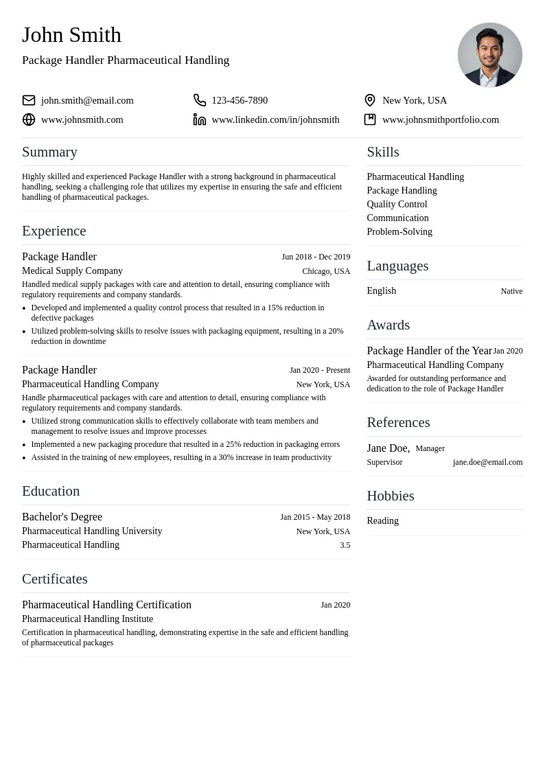 Package Handler Pharmaceutical Handling resume example