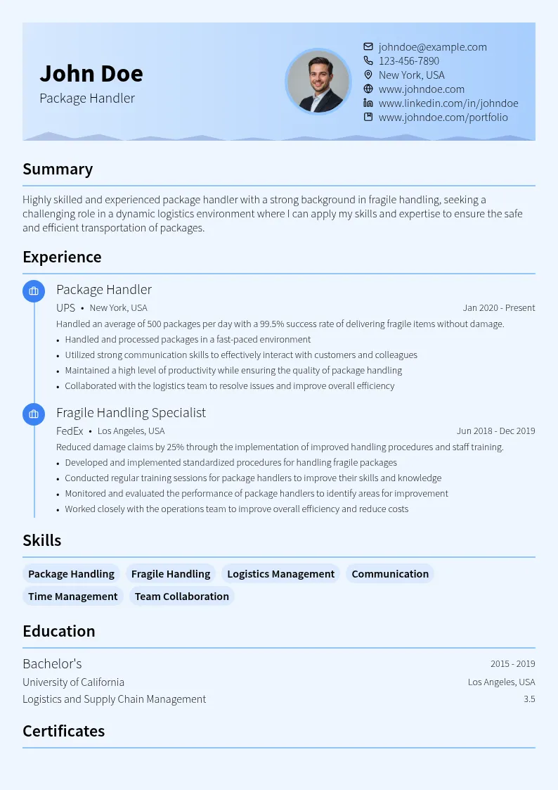Package Handler Fragile Handling resume example