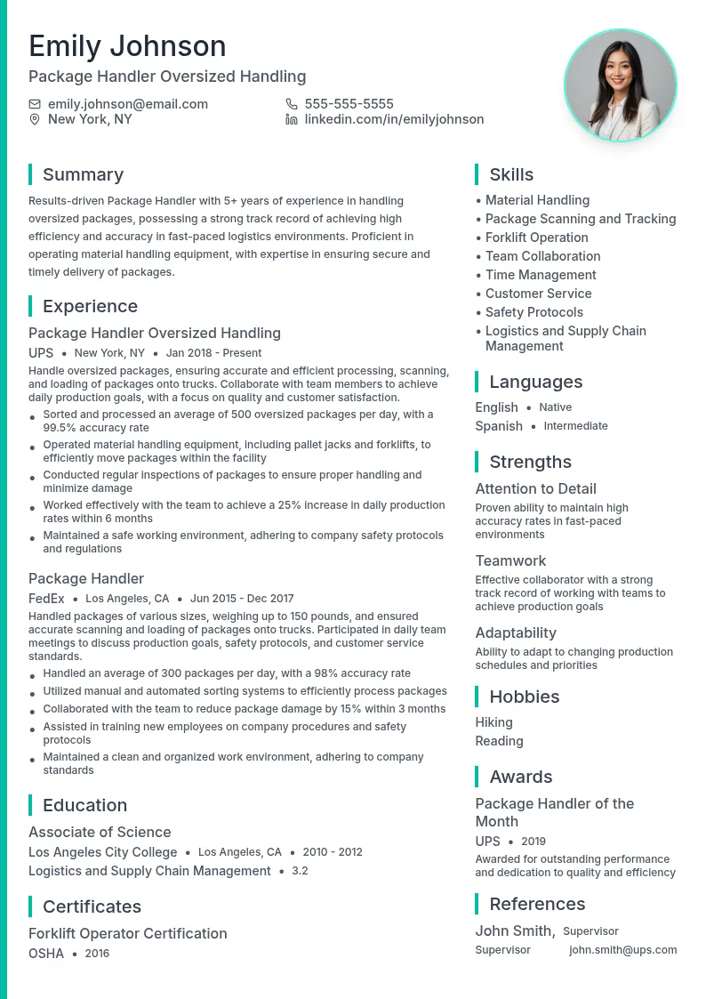 Package Handler Oversized Handling resume example