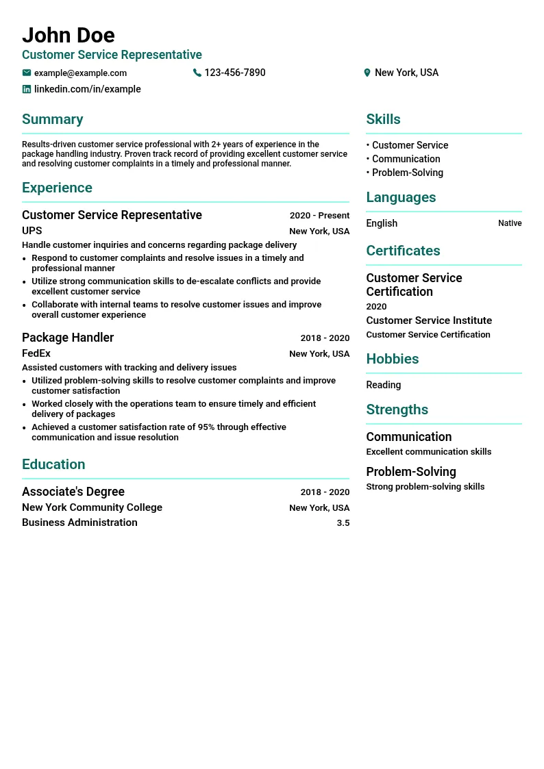 Package Handler Customer Service resume example