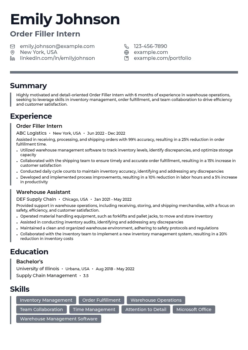 Order Filler Intern resume example