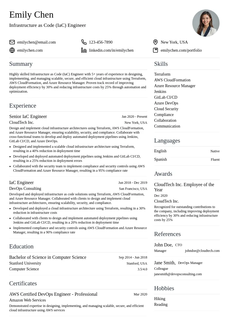Infrastructure as Code (IaC) Engineer resume example