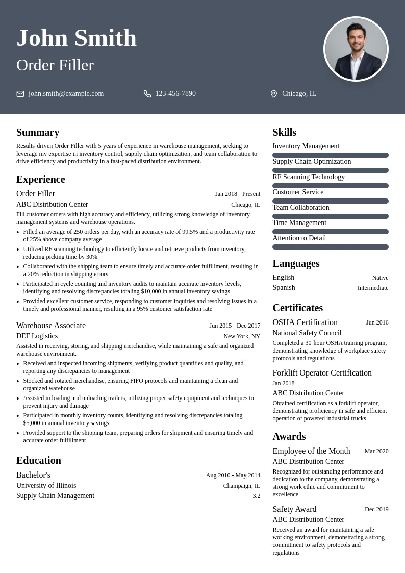 Order Filler resume example