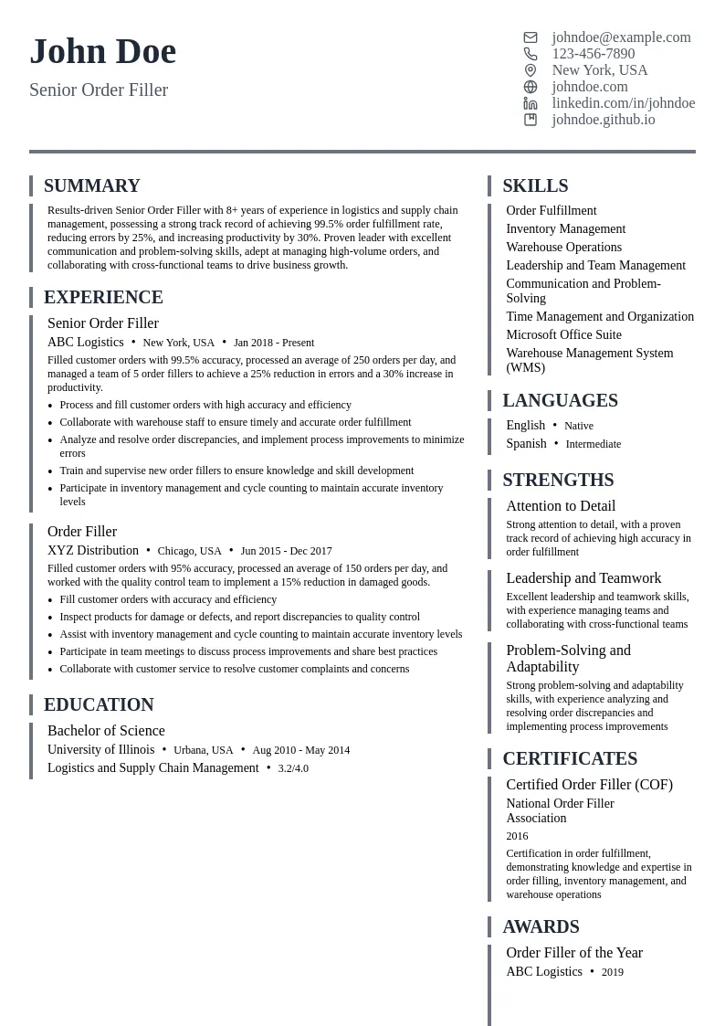Senior Order Filler resume example