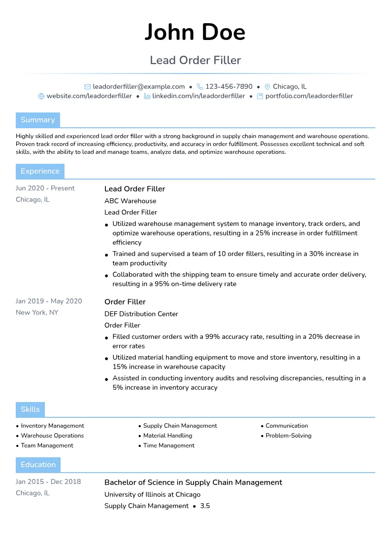 Lead Order Filler resume example