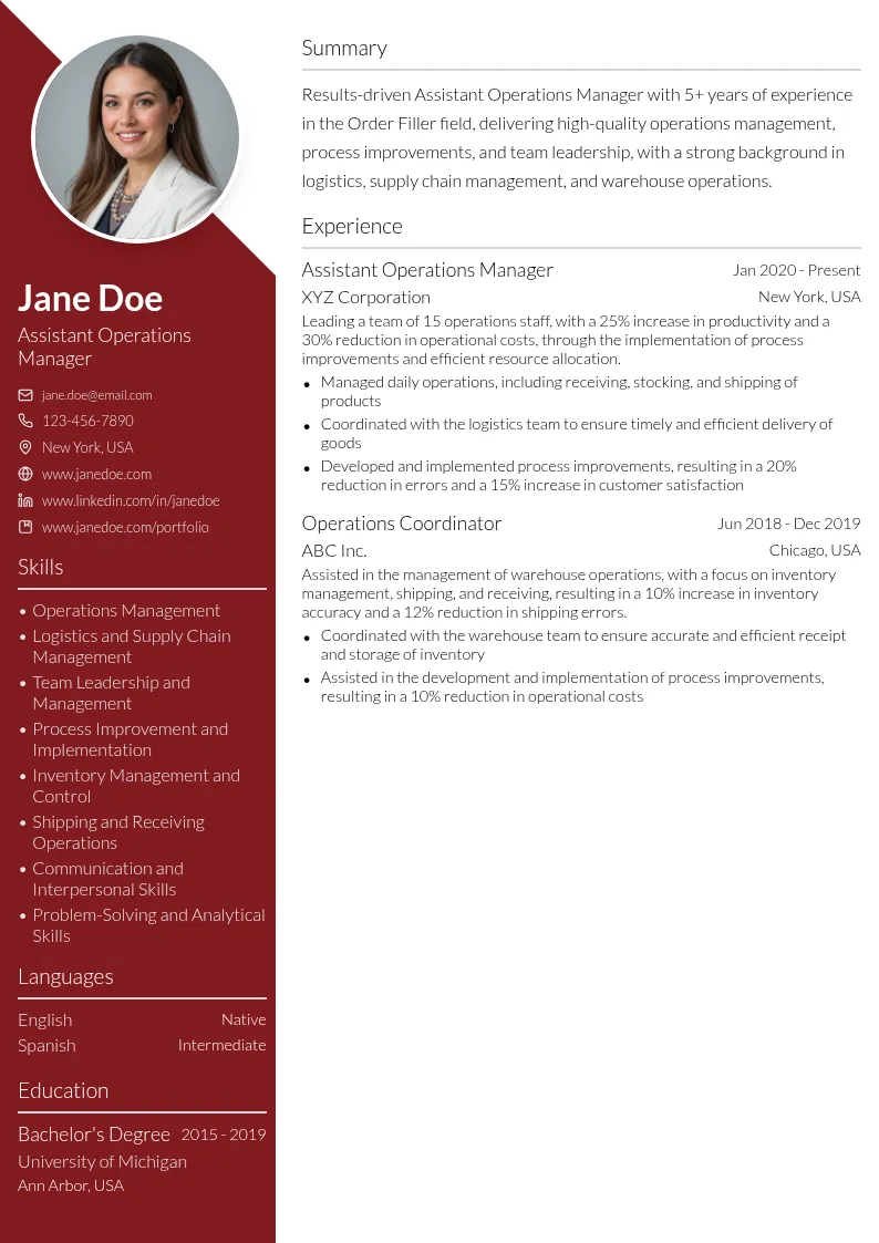 Assistant Operations Manager resume example