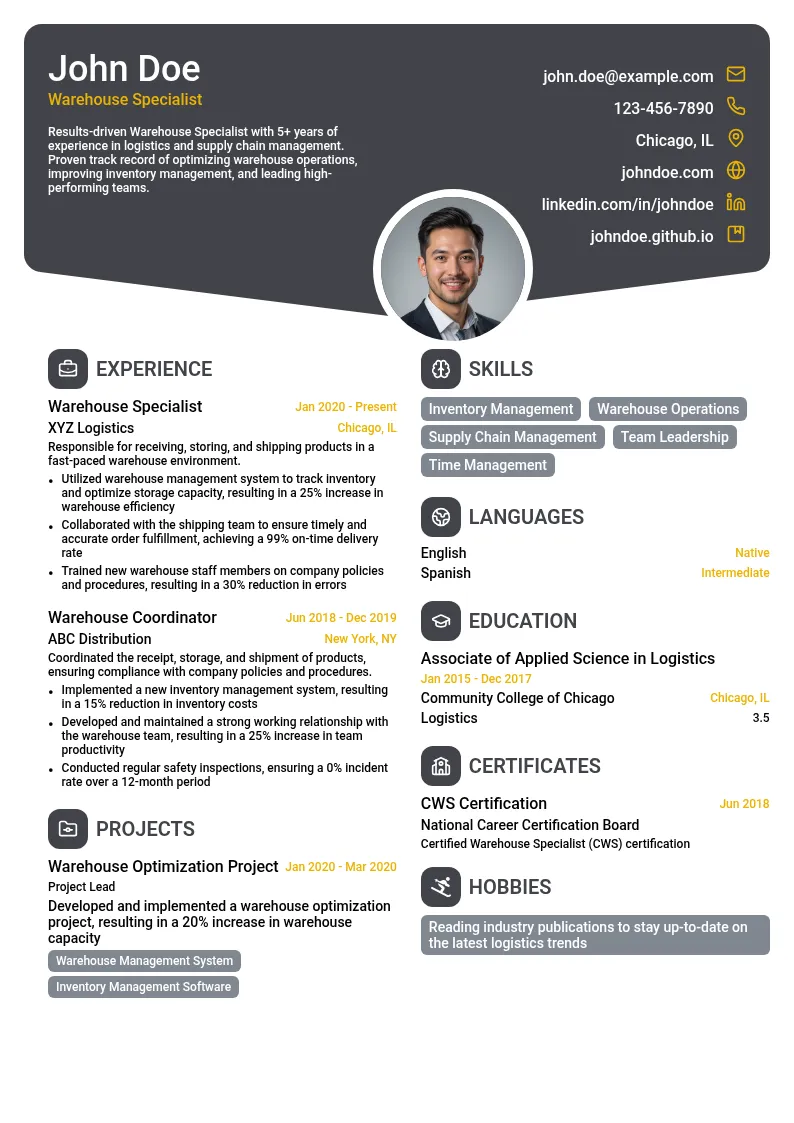 Warehouse Specialist resume example