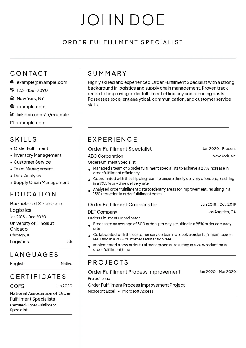 Order Fulfillment Specialist resume example