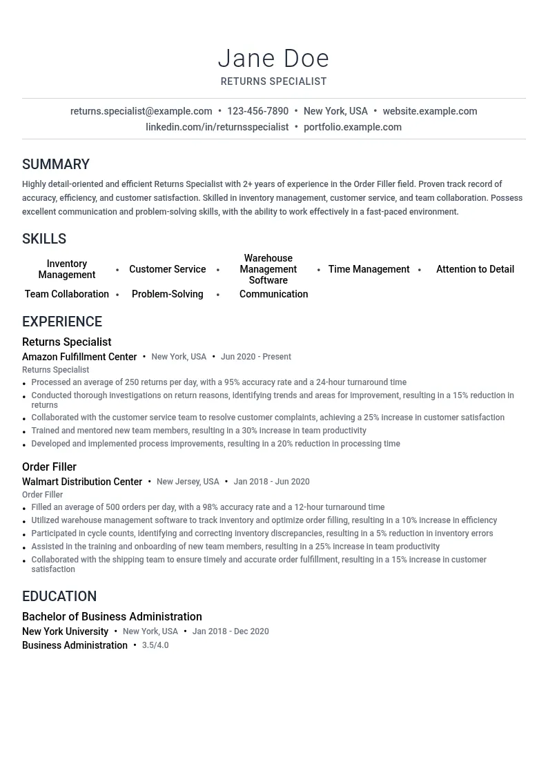 Returns Specialist resume example