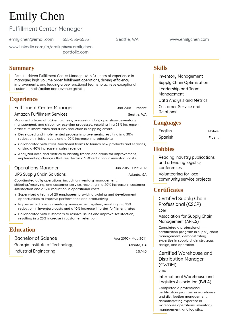 Fulfillment Center Manager resume example