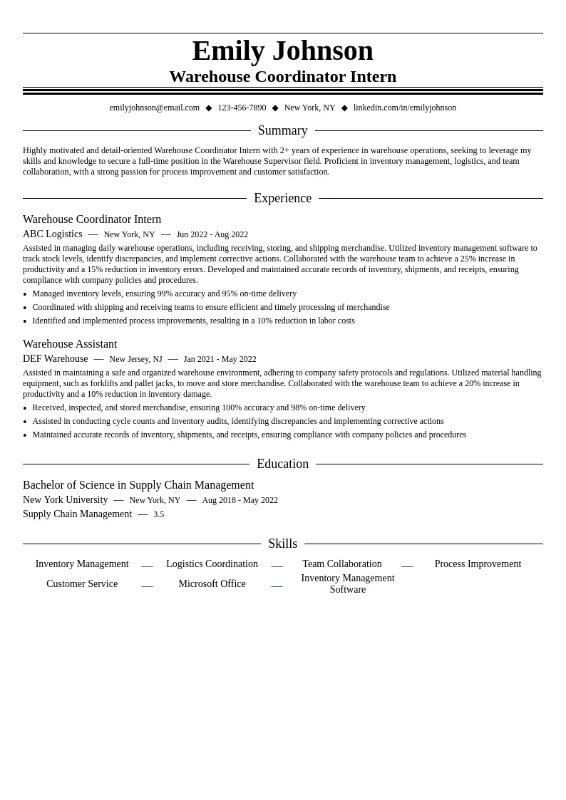 Warehouse Coordinator Intern resume example