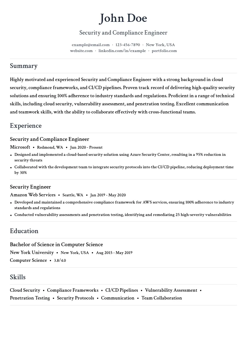 Security and Compliance Engineer resume example