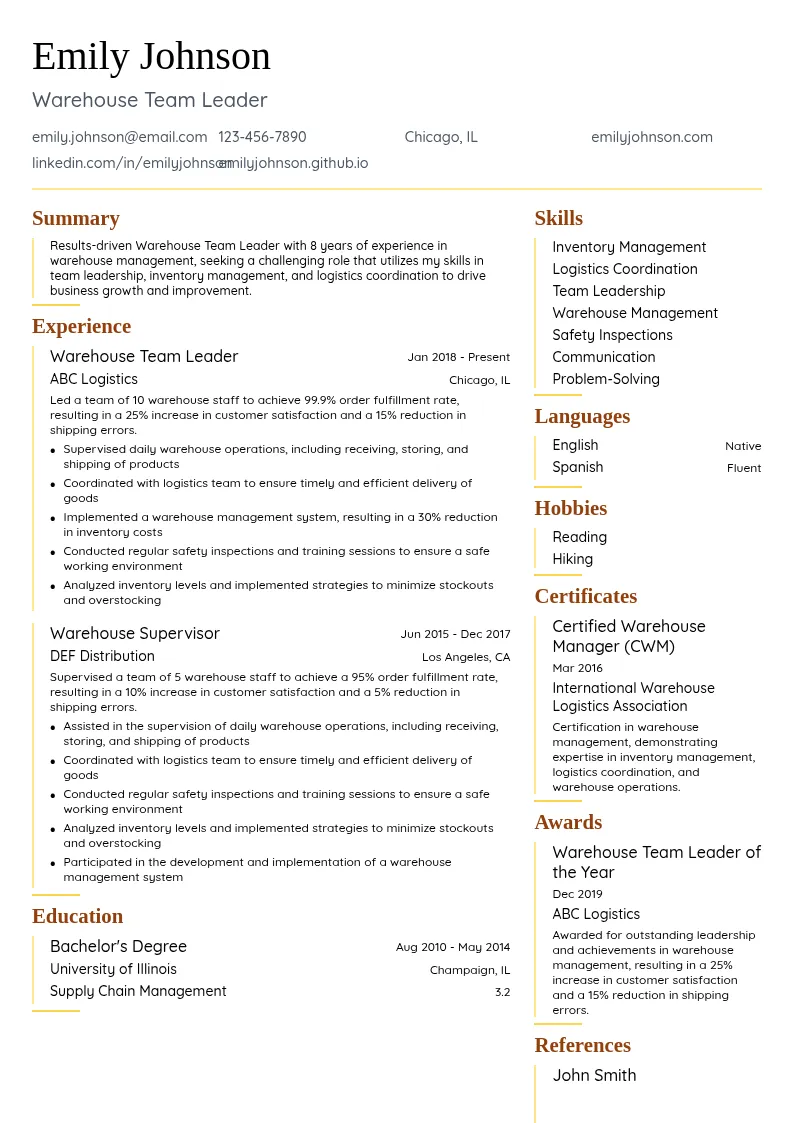 Warehouse Team Leader resume example