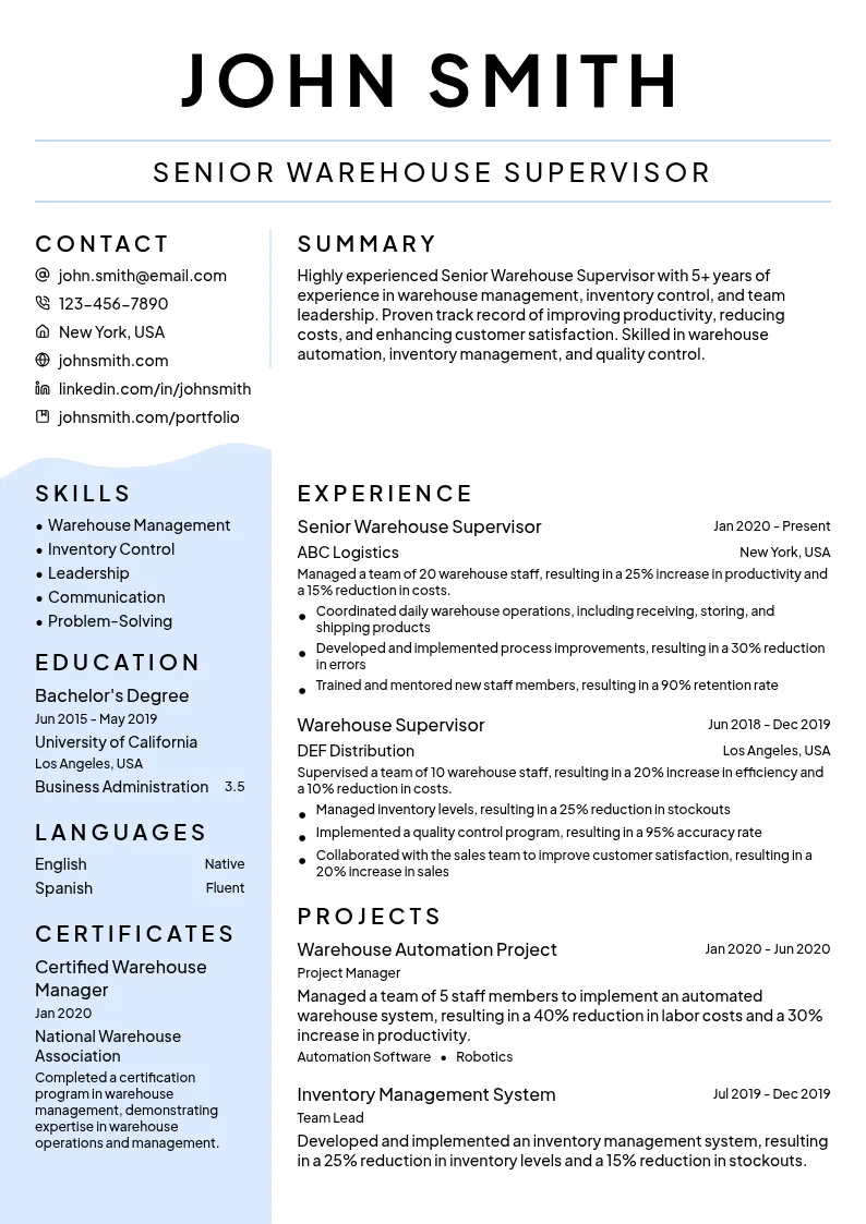 Senior Warehouse Supervisor resume example