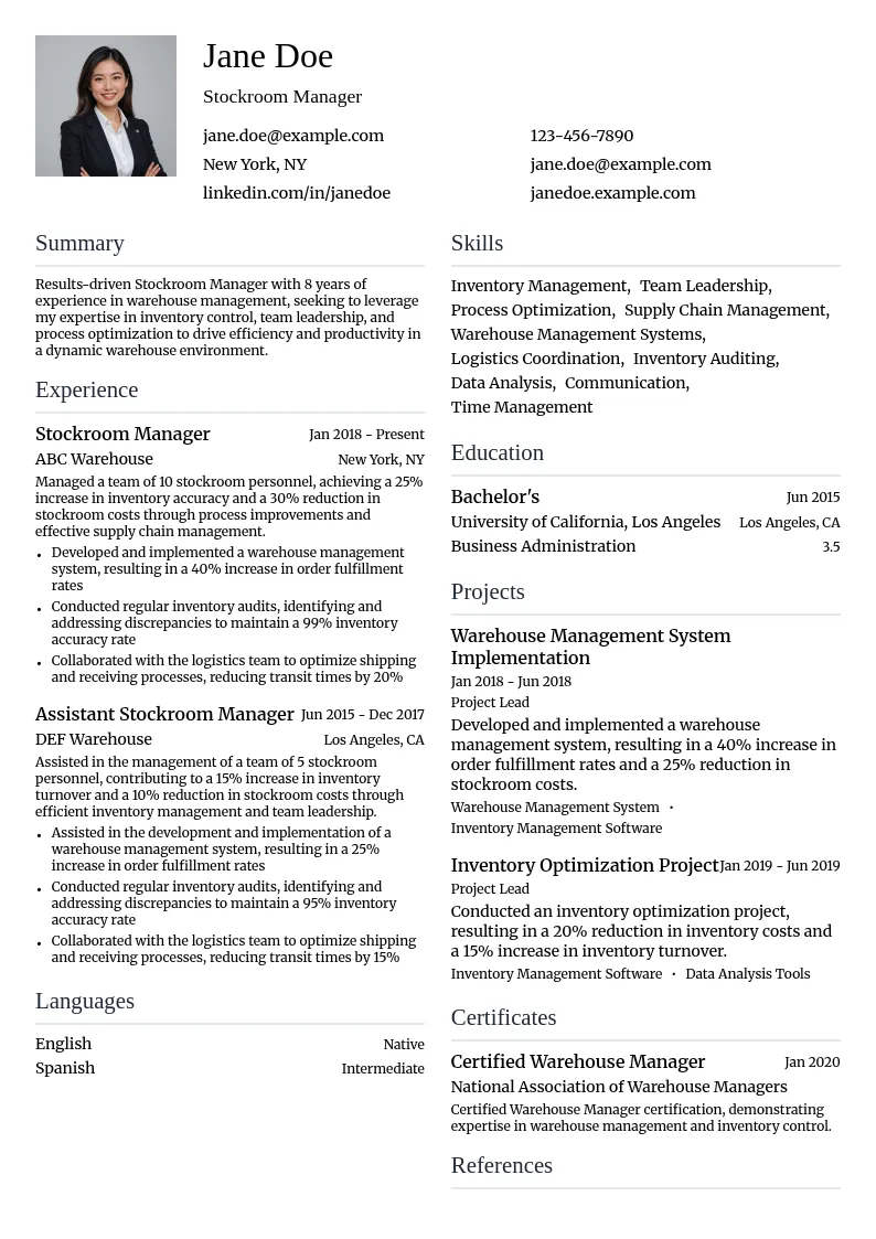 Stockroom Manager resume example