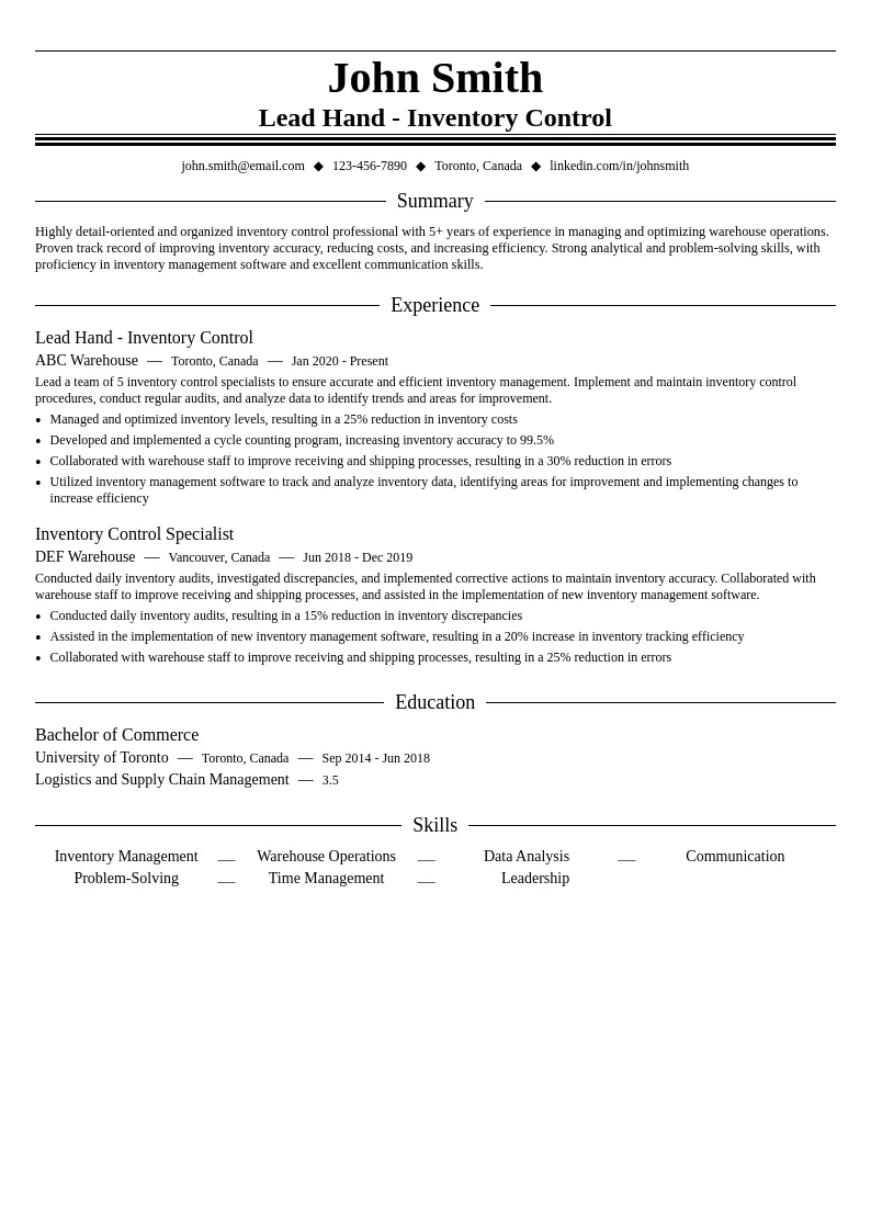 Lead Hand - Inventory Control resume example
