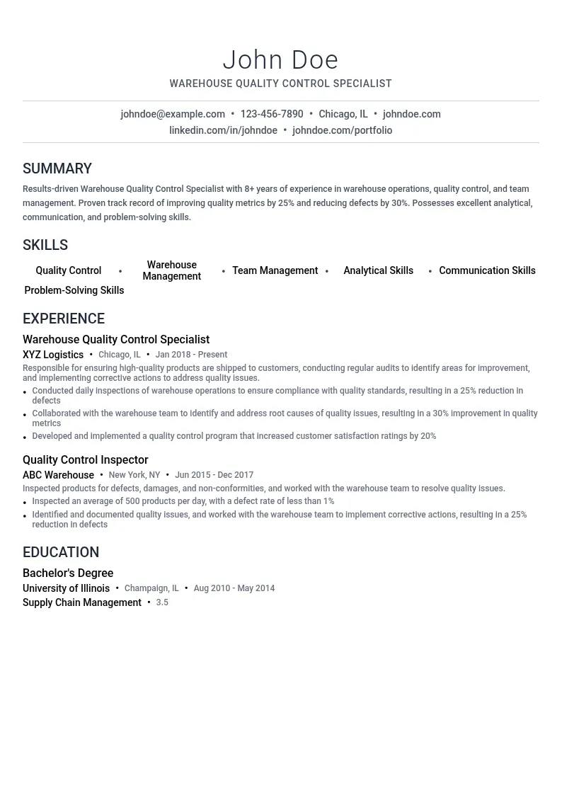 Warehouse Quality Control Specialist resume example