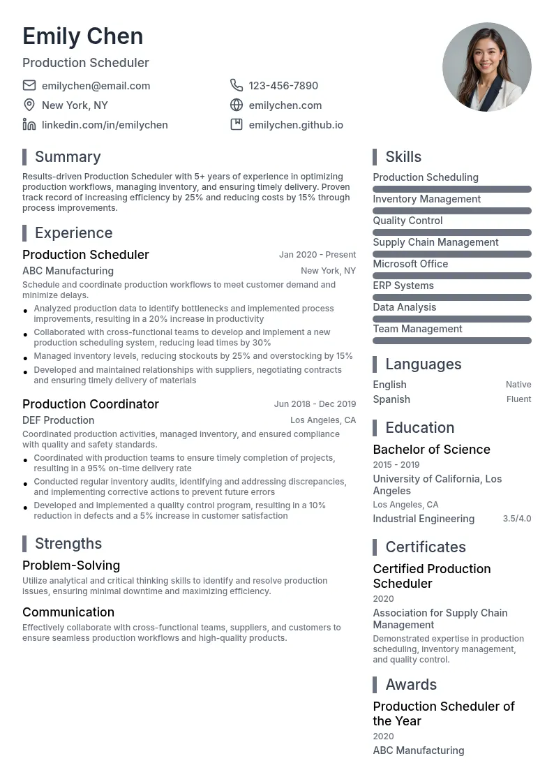 Production Scheduler resume example