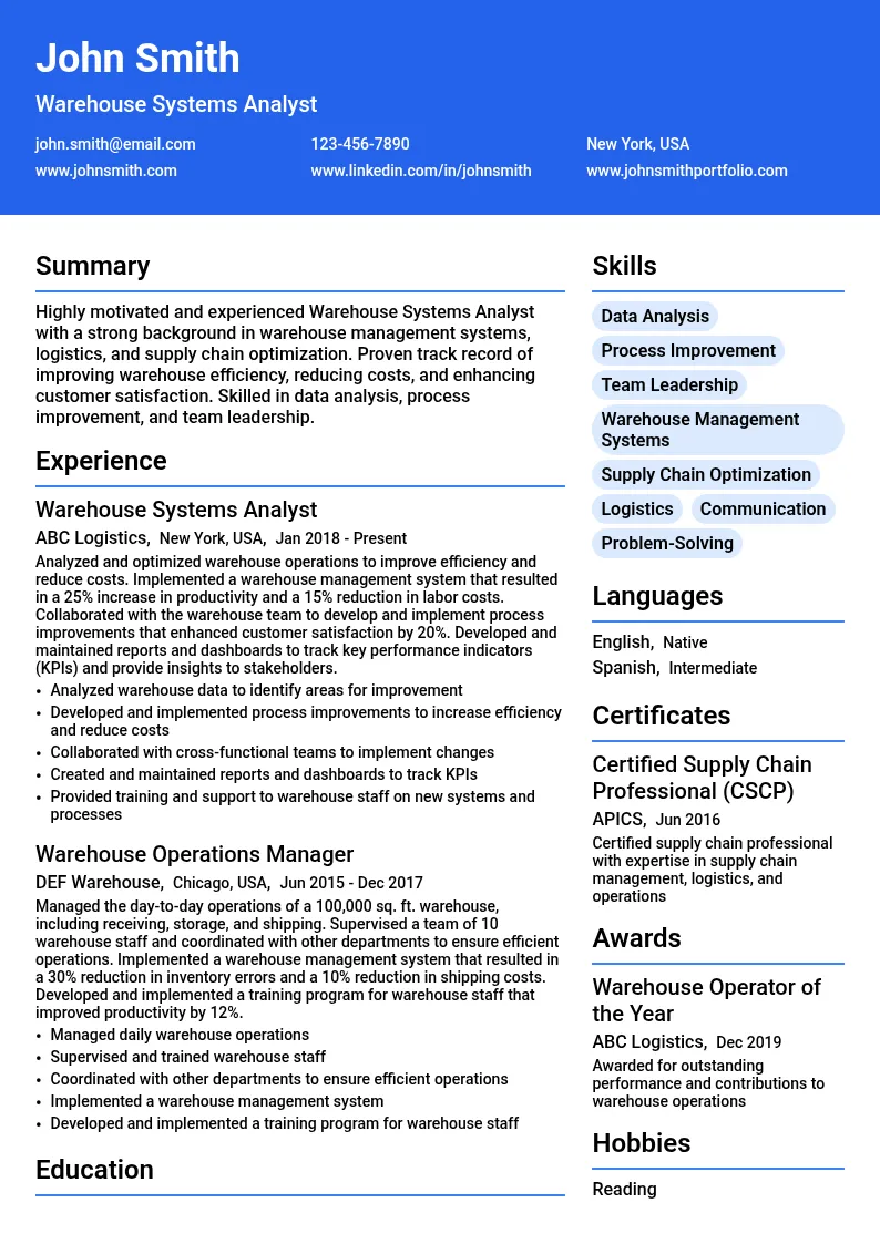 Warehouse Systems Analyst resume example