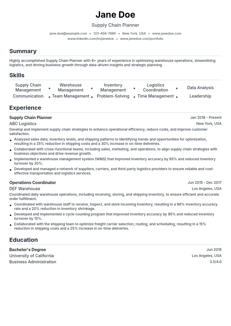 Supply Chain Planner resume example