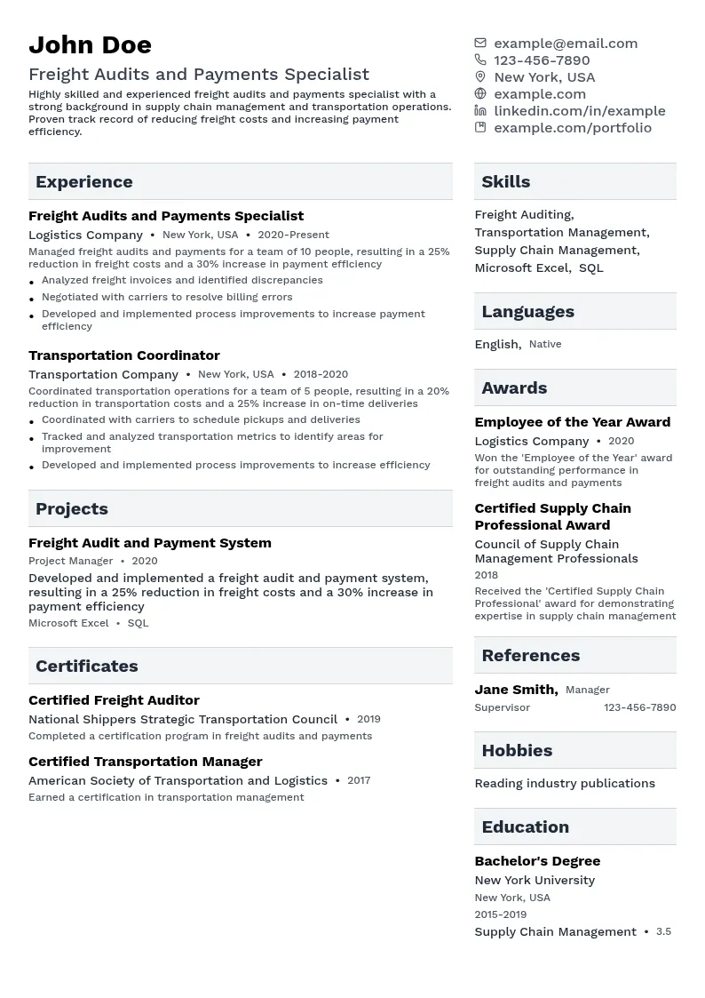 Freight Audits and Payments Specialist resume example
