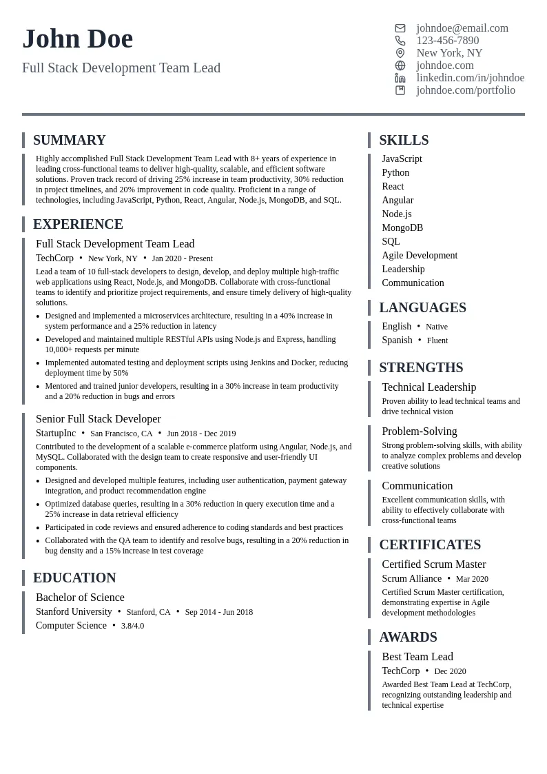 Full Stack Development Team Lead resume example