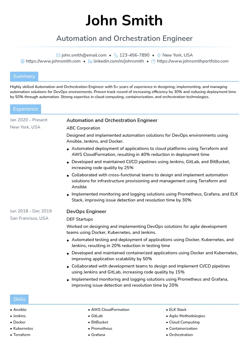 Automation and Orchestration Engineer resume example