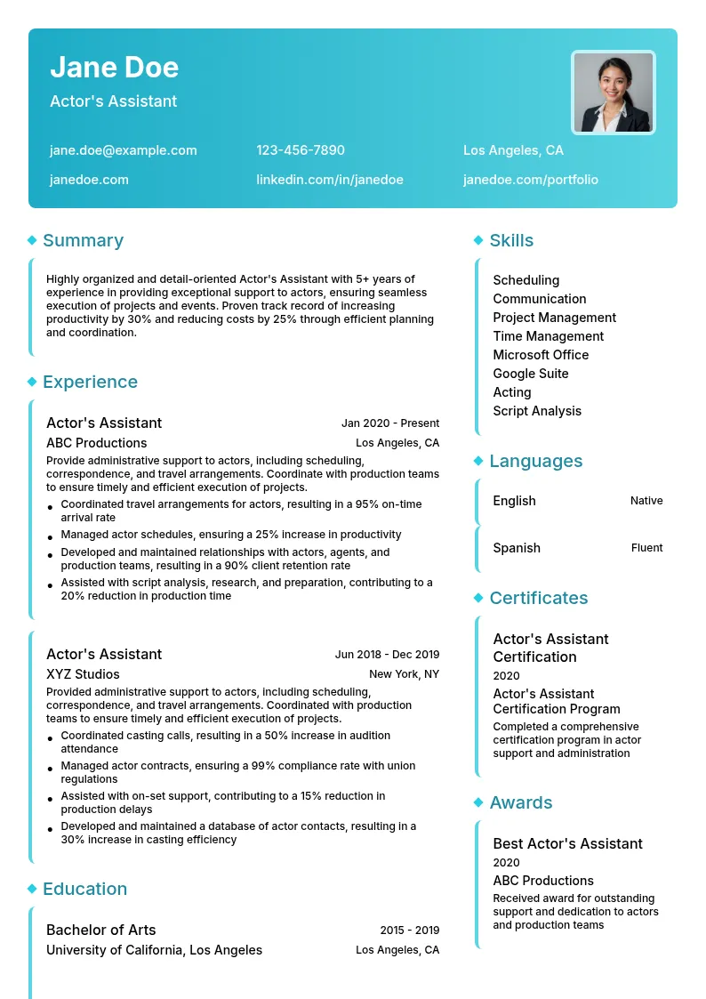 Actor's Assistant resume example