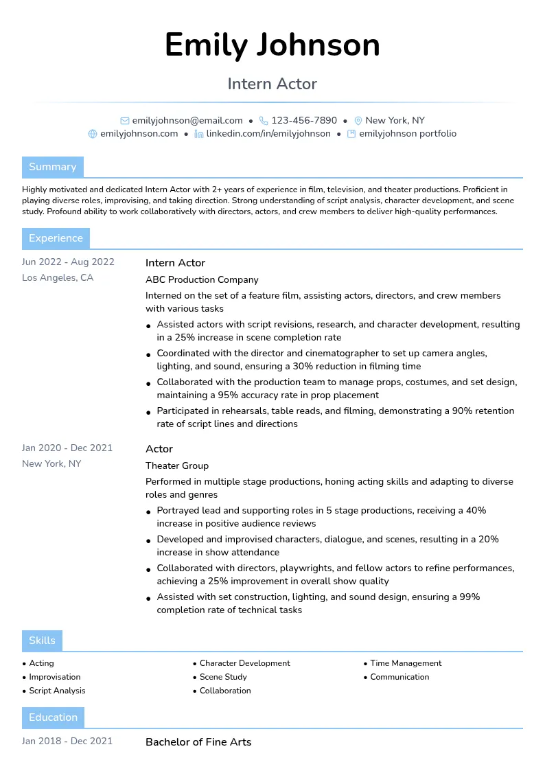 Intern Actor resume example