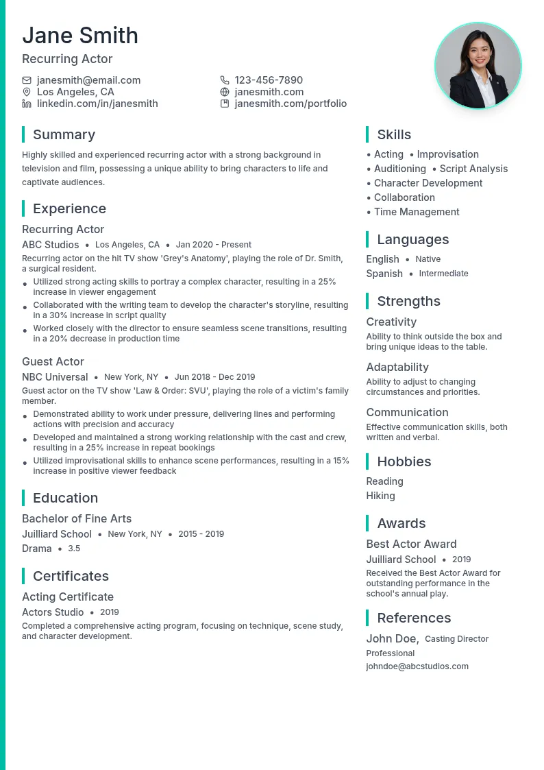 Recurring Actor resume example