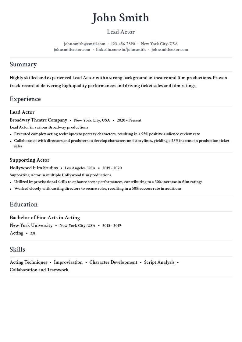 Lead Actor resume example