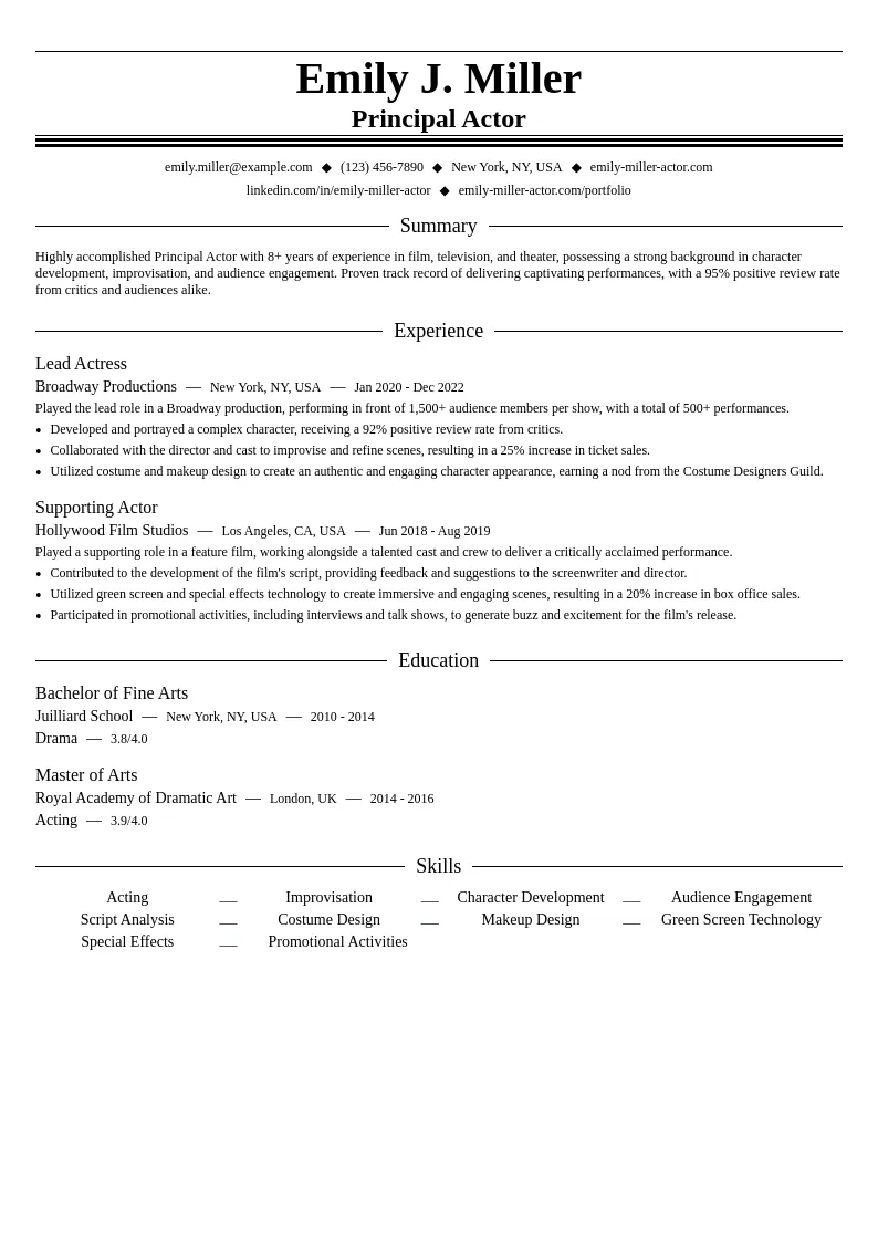 Principal Actor resume example
