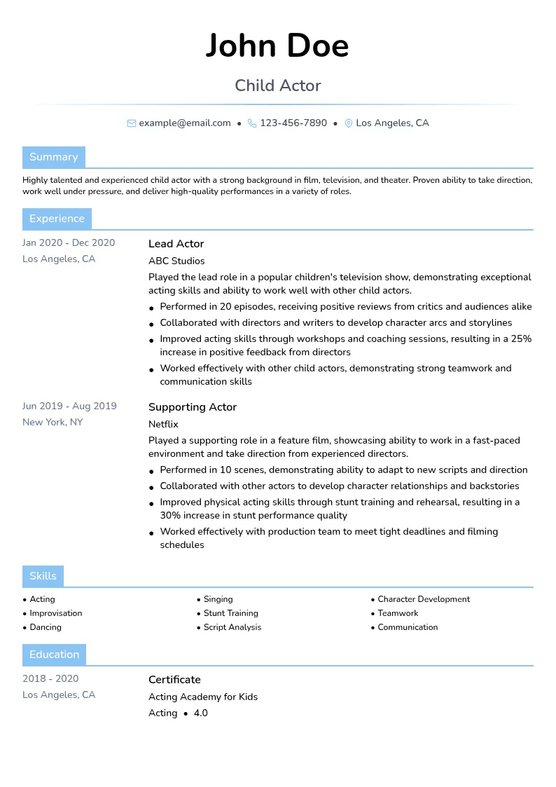 Child Actor resume example