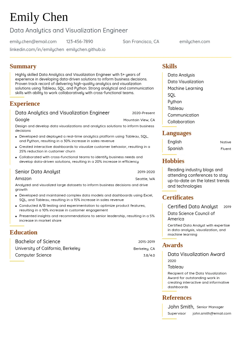 Data Analytics and Visualization Engineer resume example