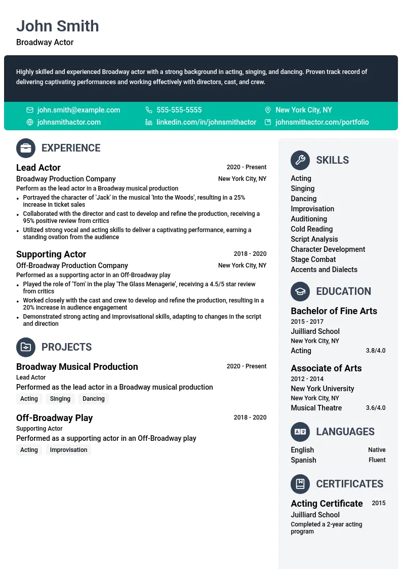 Broadway Actor resume example