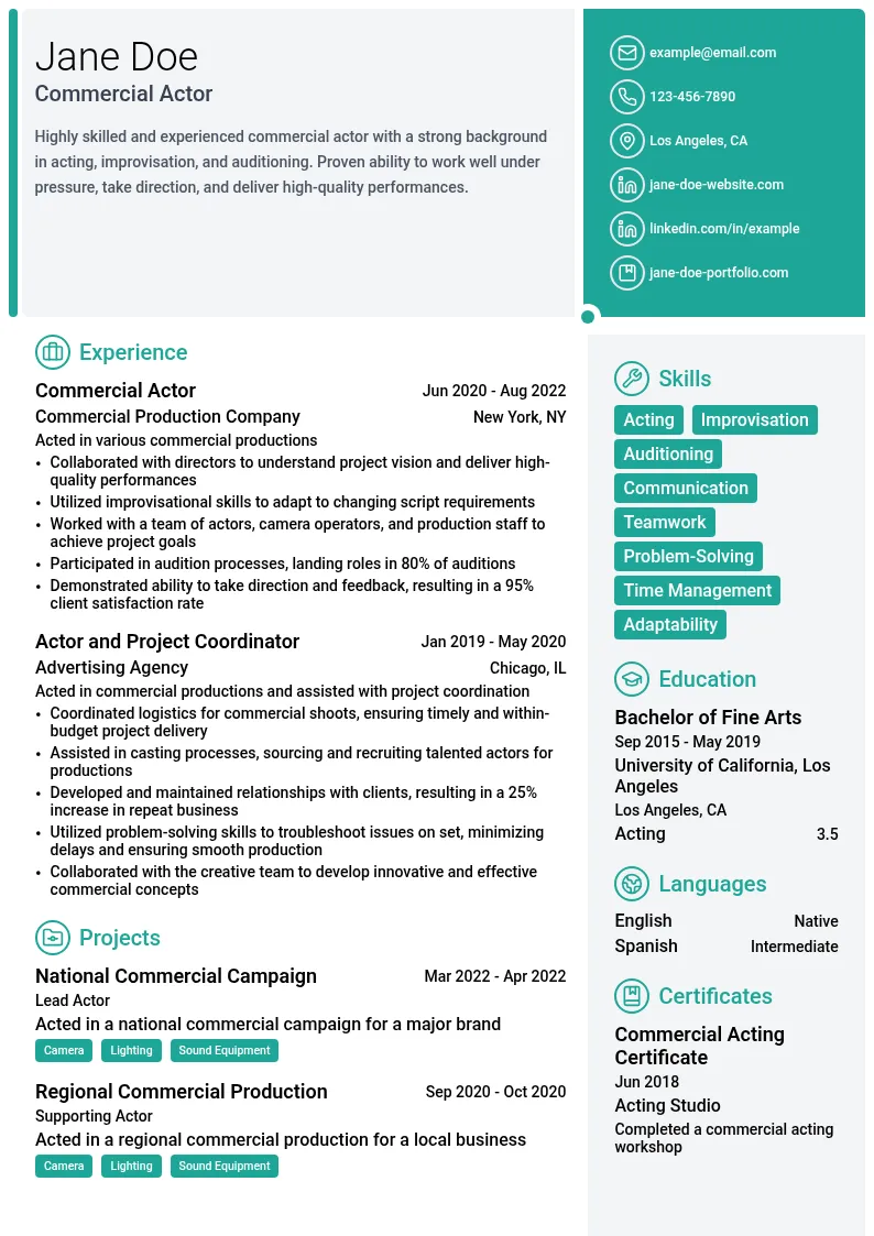 Commercial Actor resume example