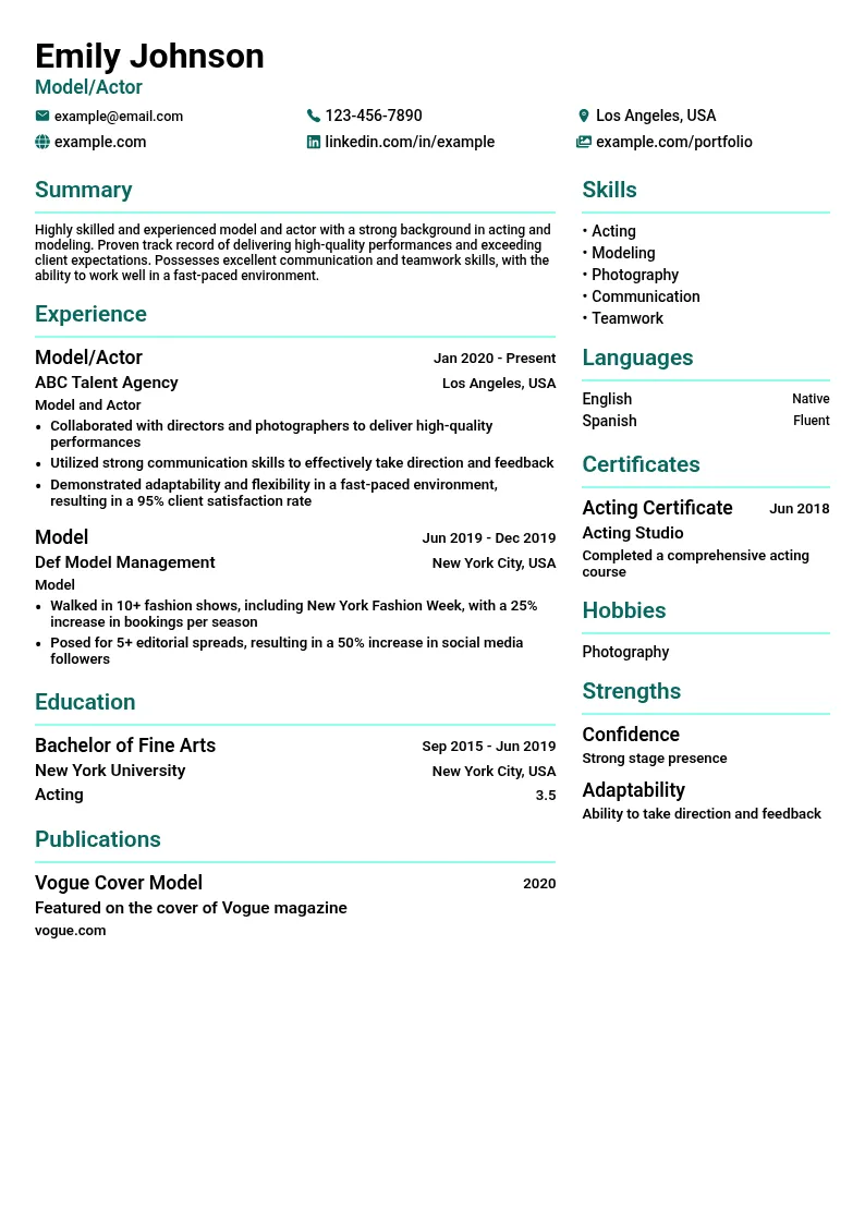 Model/Actor resume example
