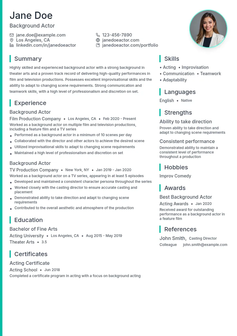 Background Actor resume example