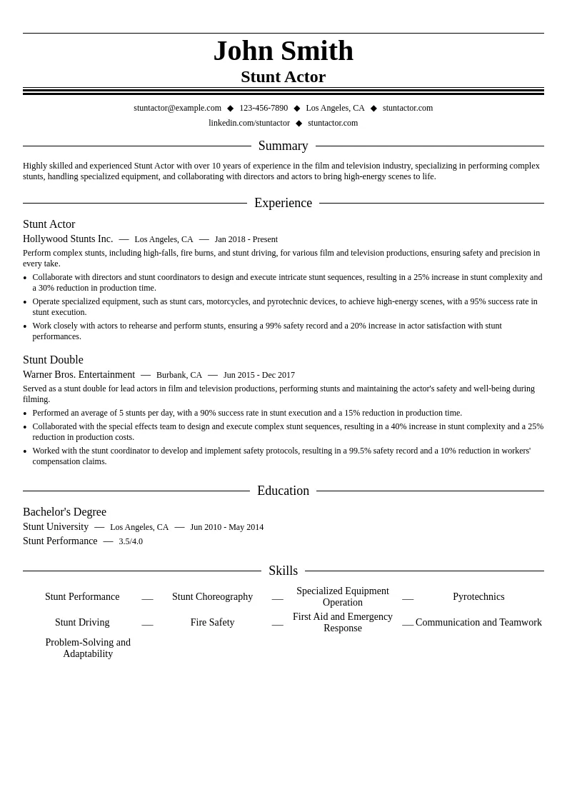 Stunt Actor resume example