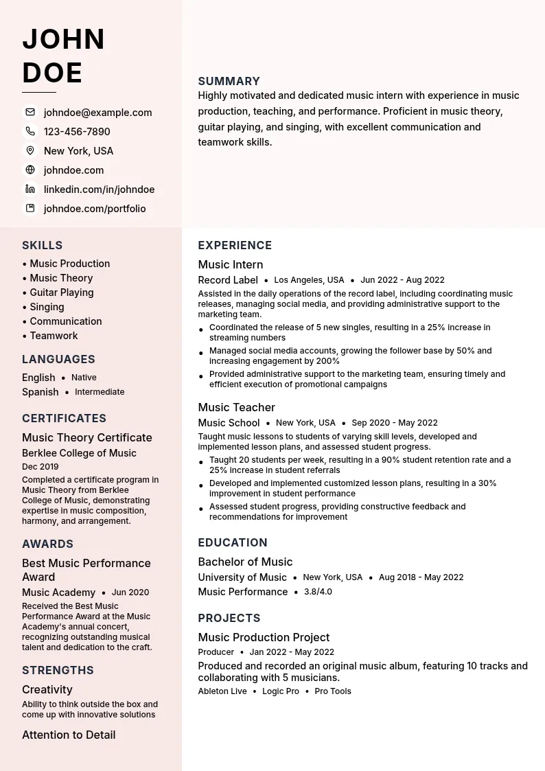 Music Intern resume example