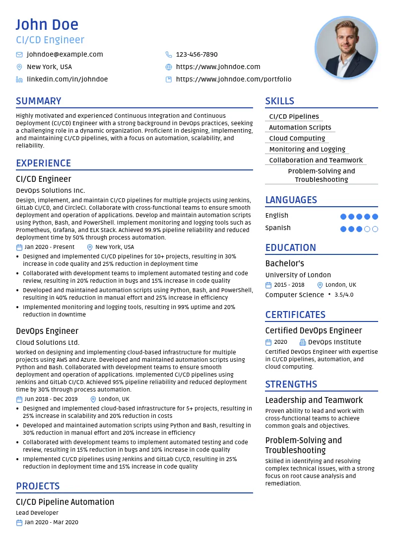 Continuous Integration and Continuous Deployment (CI/CD) Engineer resume example
