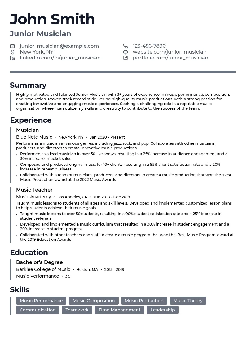 Junior Musician resume example