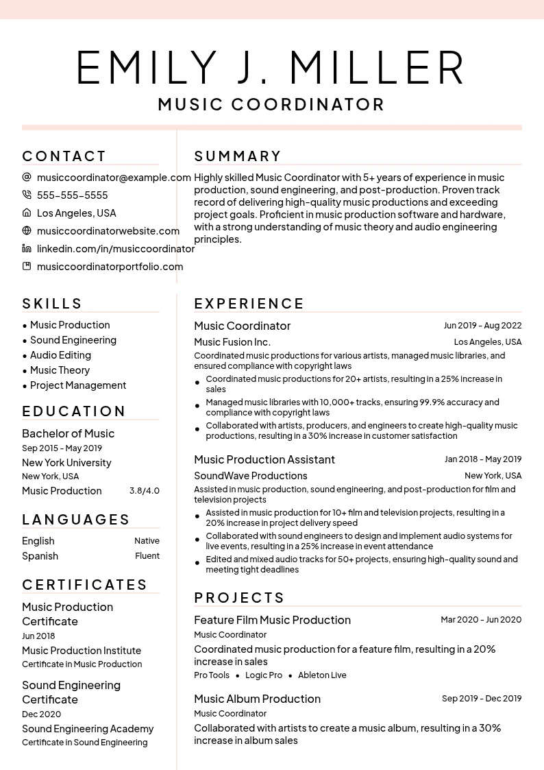 Music Coordinator resume example